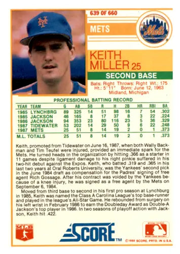 1988 Score #639 Keith Miller EX/NM RC Rookie Mets RP ID:66745 - Baseball Card Single