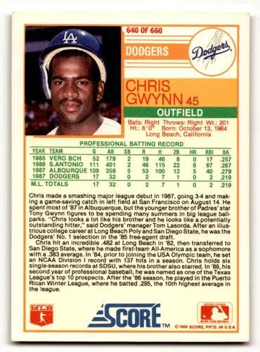 1988 Score Chris Gwynn Los Angeles Dodgers baseball card with original gloss craftsmanship