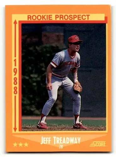 Original gloss 1988 Score Jeff Treadway Cincinnati Reds baseball card featuring Treadway Cincinnati Reds
