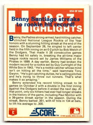 Original gloss Benny Santiago San Diego Padres baseball card 1988 Score #654