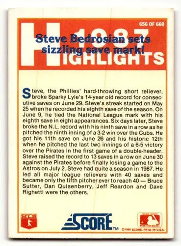 Original gloss of 1988 Score #656 Steve Bedrosian Philadelphia Phillies baseball card back