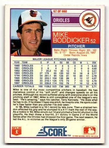 1988 Score #67 Mike Boddicker Baltimore Orioles Baseball Cards EX/NM ID:58469 - Baseball Card Single