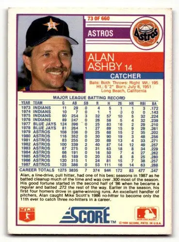 Original gloss Alan Ashby Houston baseball card from 1988 Score #73 Ashby Houston Astros