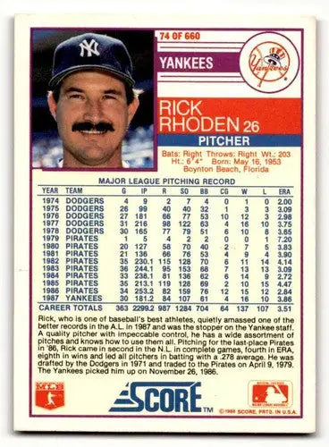 1988 Score #74 Rick Rhoden New York Yankees Baseball Cards EX/NM ID:58485