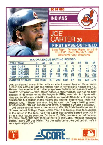 1988 Score #80 Joe Carter EX/NM Indians ID:66747 - Baseball Card Single