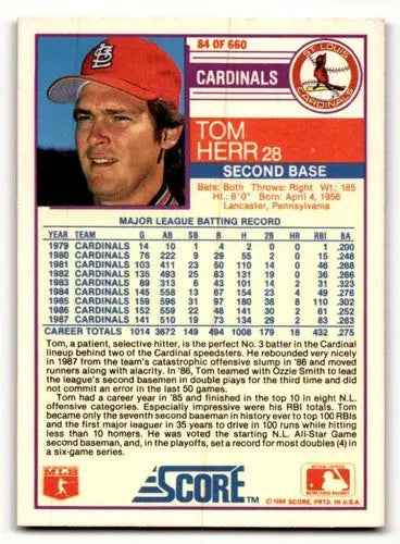 1988 Score #84 Tom Herr St. Louis Cardinals Baseball Cards EX/NM ID:54965 - Baseball Card Single