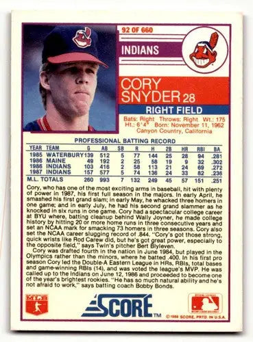 1988 Score #92 Cory Snyder Cleveland Indians Baseball Cards EX/NM ID:58351 - Baseball Card Single