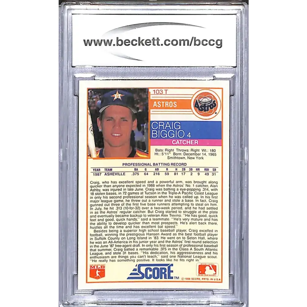 1988 Score Rookie/Traded #103T Craig Biggio BCCG 10 Mint or Better RC Rookie Houston Astros