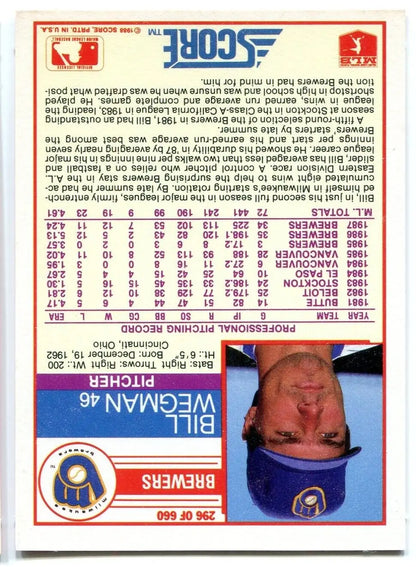 Bill Wegman baseball card from 1988 Score featuring Johnny Ray design on the back