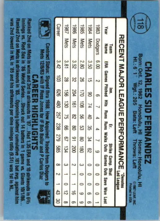 1988 Sid Fernandez Donruss Baseball Card #118 - Baseball Card Single