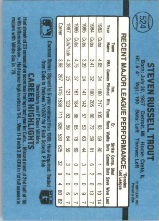 1988 Steve Trout Donruss Baseball Card #524 - Baseball Card Single