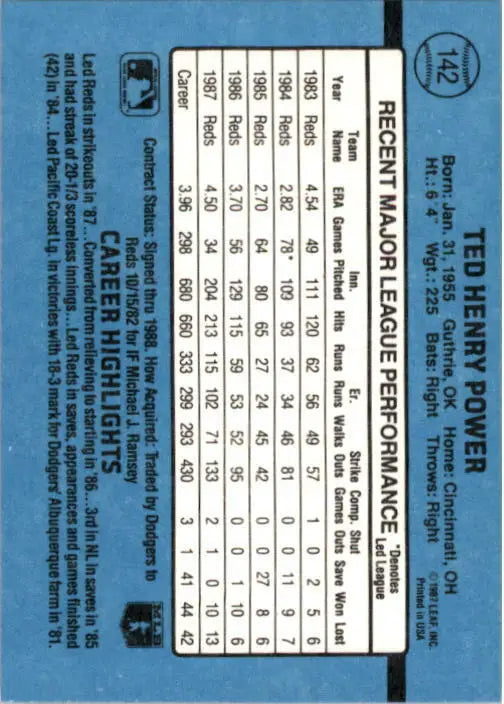 1988 Ted Power Donruss Baseball Card #142