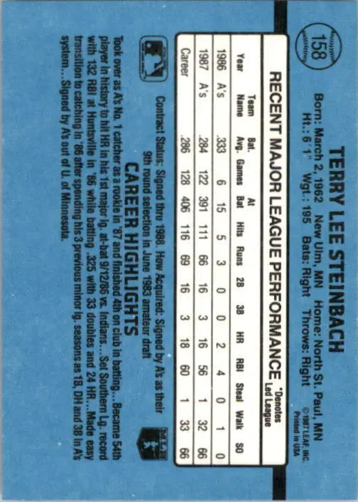 1988 Terry Steinbach Donruss Baseball Card #158 - Baseball Card Single