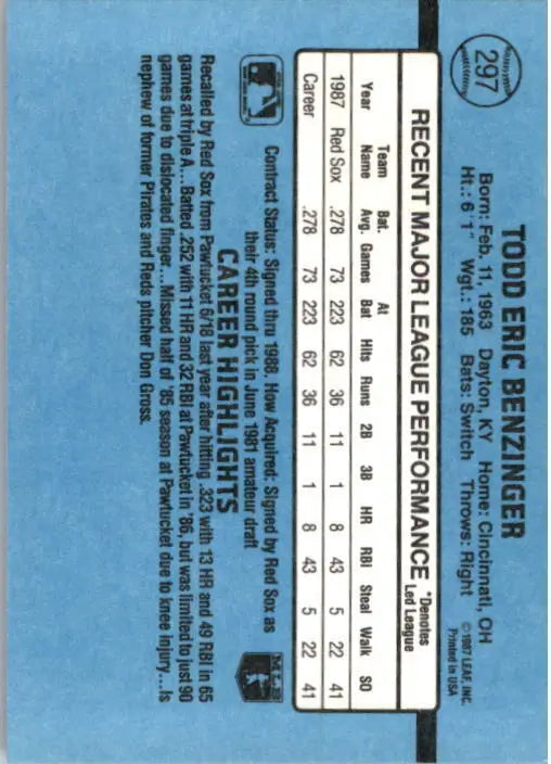 1988 Todd Benzinger Donruss Baseball Card #297 - Baseball Card Single