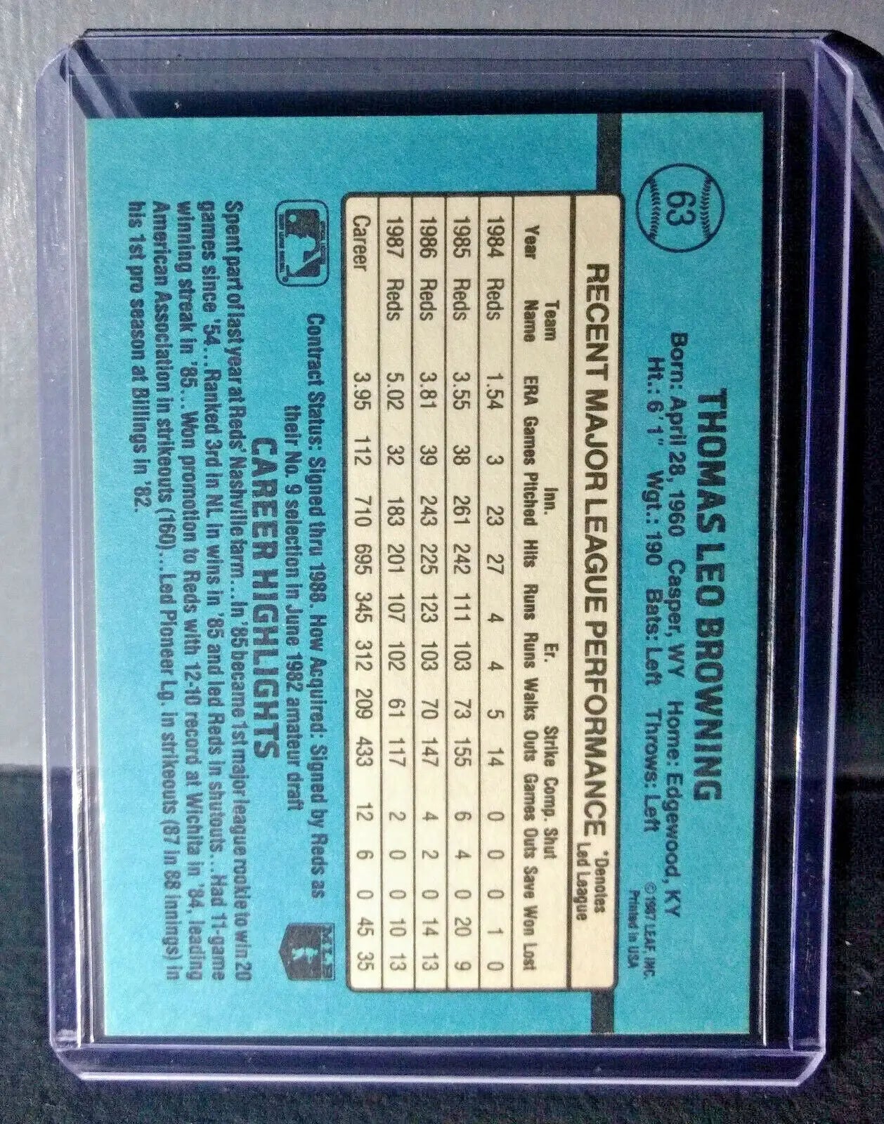 1988 Tom Browning Donruss #63 Baseball Card - Baseball Card Single