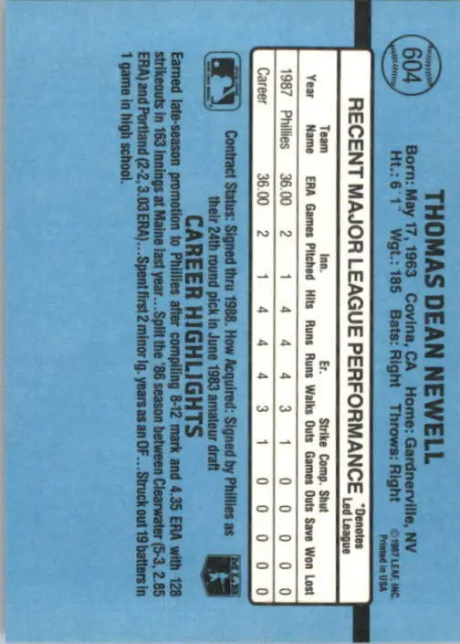 1988 Tom Newell Donruss Baseball Card #604 - Baseball Card Single