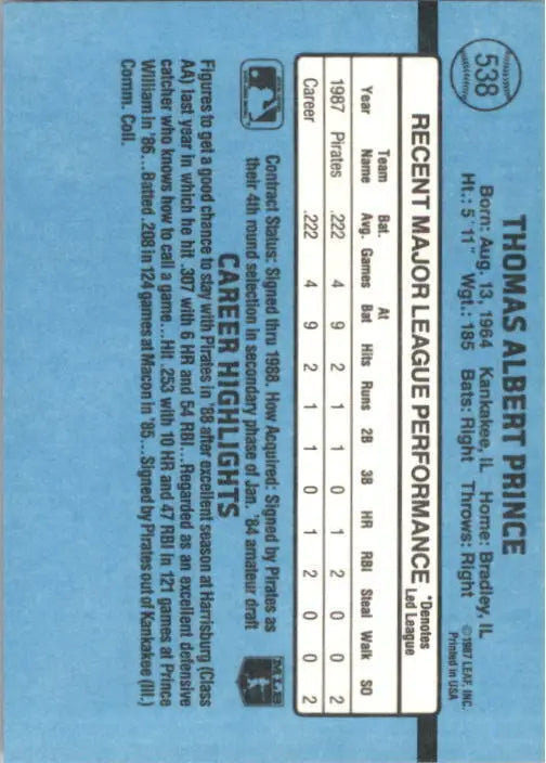 1988 Tom Prince Donruss Baseball Card #538 - Baseball Card Single