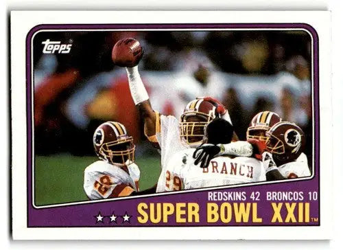 Super Bowl XXII football card from 1988 Topps featuring Washington Redskins vs Denver Broncos