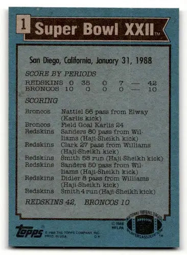 Super Bowl XXII trading card from 1988 Topps featuring Washington Redskins and Denver Broncos
