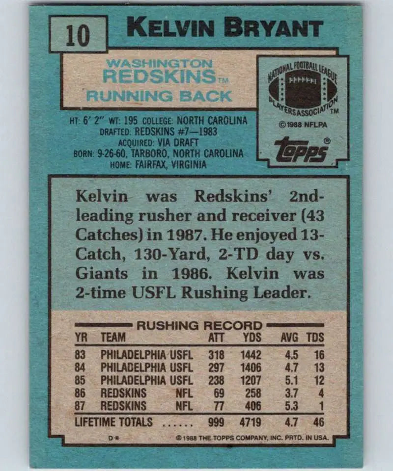 1988 Topps #10 Kelvin Bryant EX Excellent Washington Redskins Football Card - Football Card Single