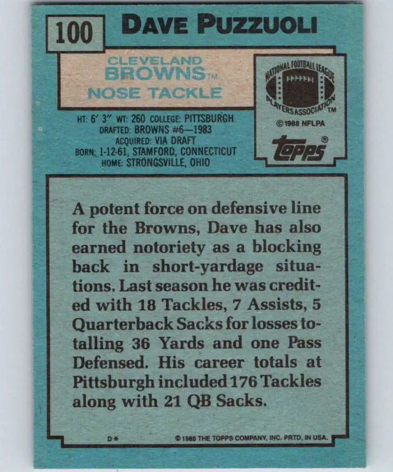 1988 Topps #100 Dave Puzzuoli EX Excellent Cleveland Browns Football Card - Football Card Single