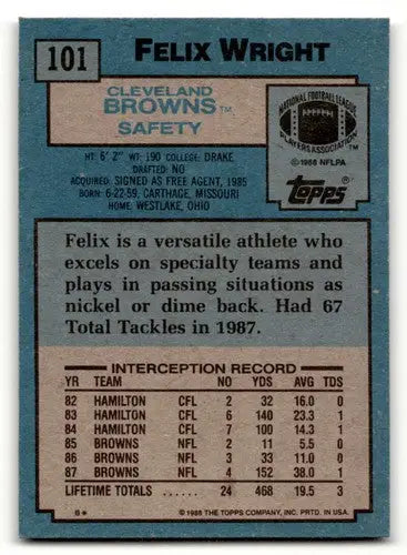Original gloss Felix Wright Cleveland football card from 1988 Topps featuring Wright Cleveland Browns