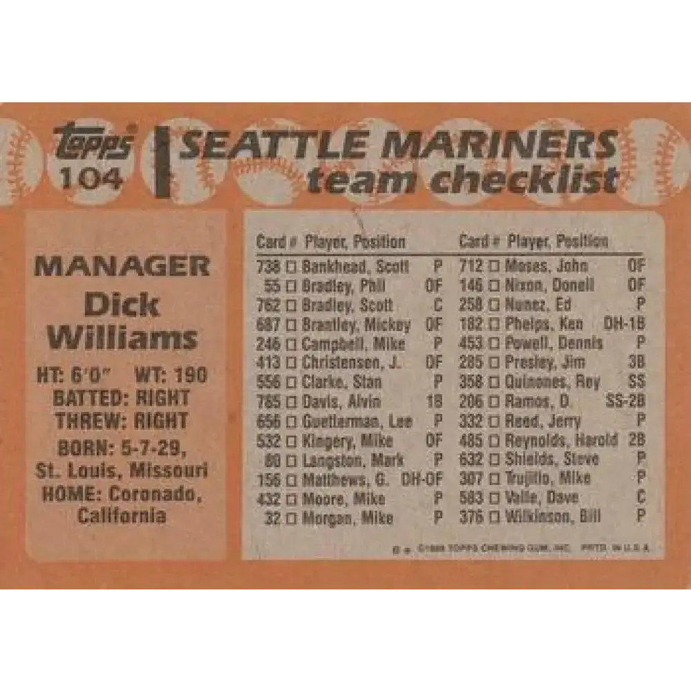1988 Topps #104 Dick Williams NM-MT Seattle Mariners Baseball Card - Baseball Card Single