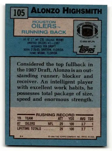 Original gloss Alonzo Highsmith Houston football card from 1988 Topps Houston Oilers