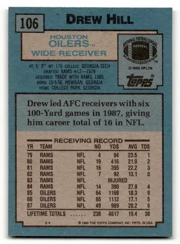 1988 Topps #106 Drew Hill Houston Oilers Football Cards EX/NM ID:62455 - Football Card Single