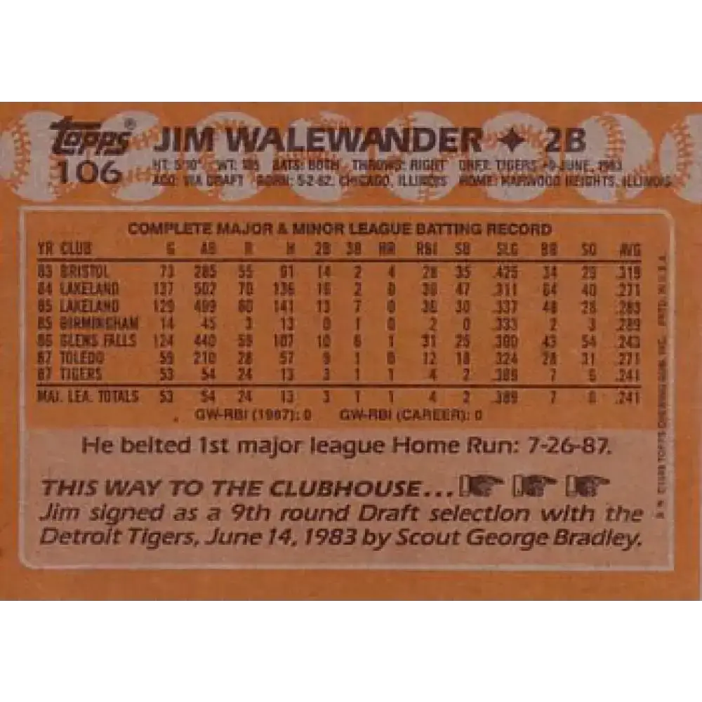1988 Topps #106 Jim Walewander NM-MT Detroit Tigers Baseball Card - Baseball Card Single