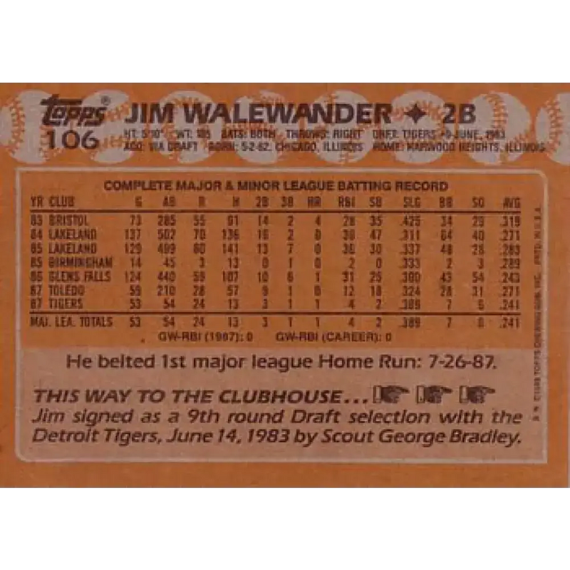 1988 Topps #106 Jim Walewander NM-MT Detroit Tigers Baseball Card - Baseball Card Single