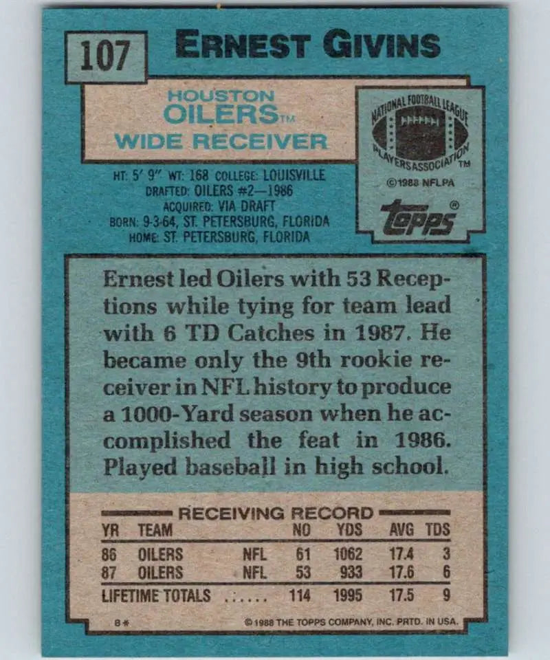 1988 Topps #107 Ernest Givins EX Excellent Houston Oilers Football Card - Football Card Single