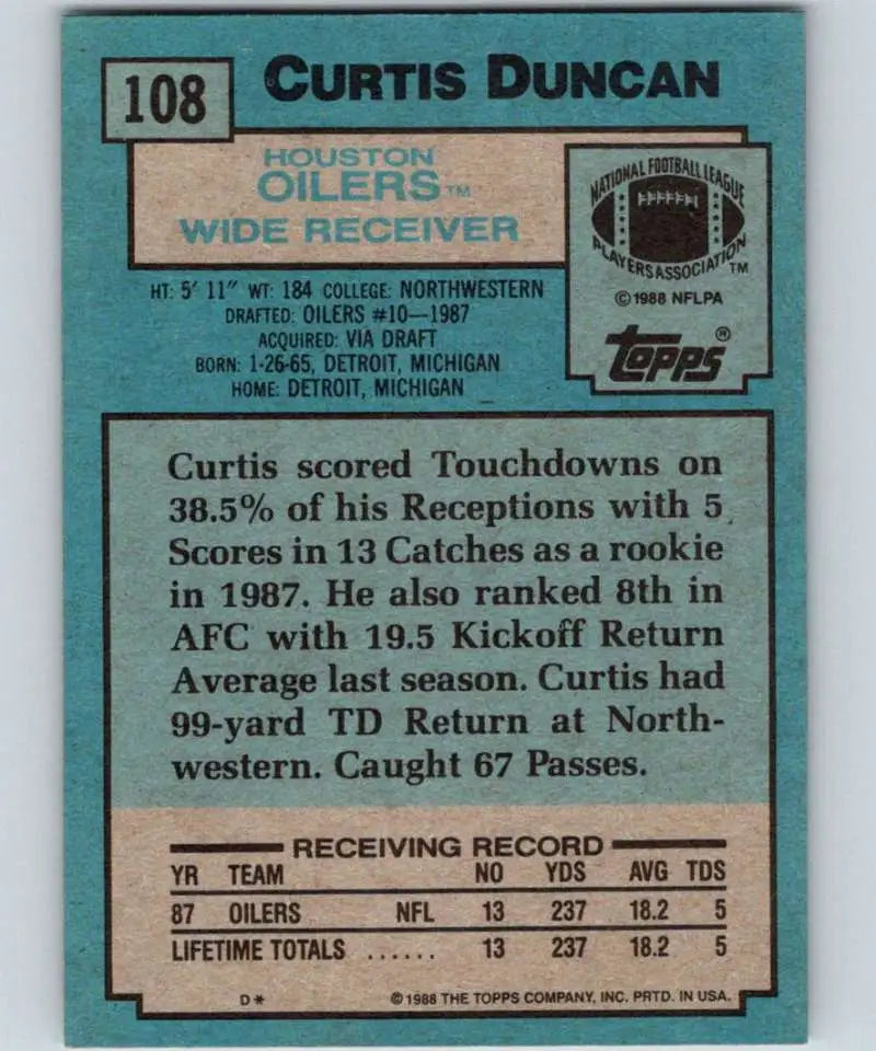 1988 Topps #108 Curtis Duncan EX Excellent RC Rookie Houston Oilers Football Card