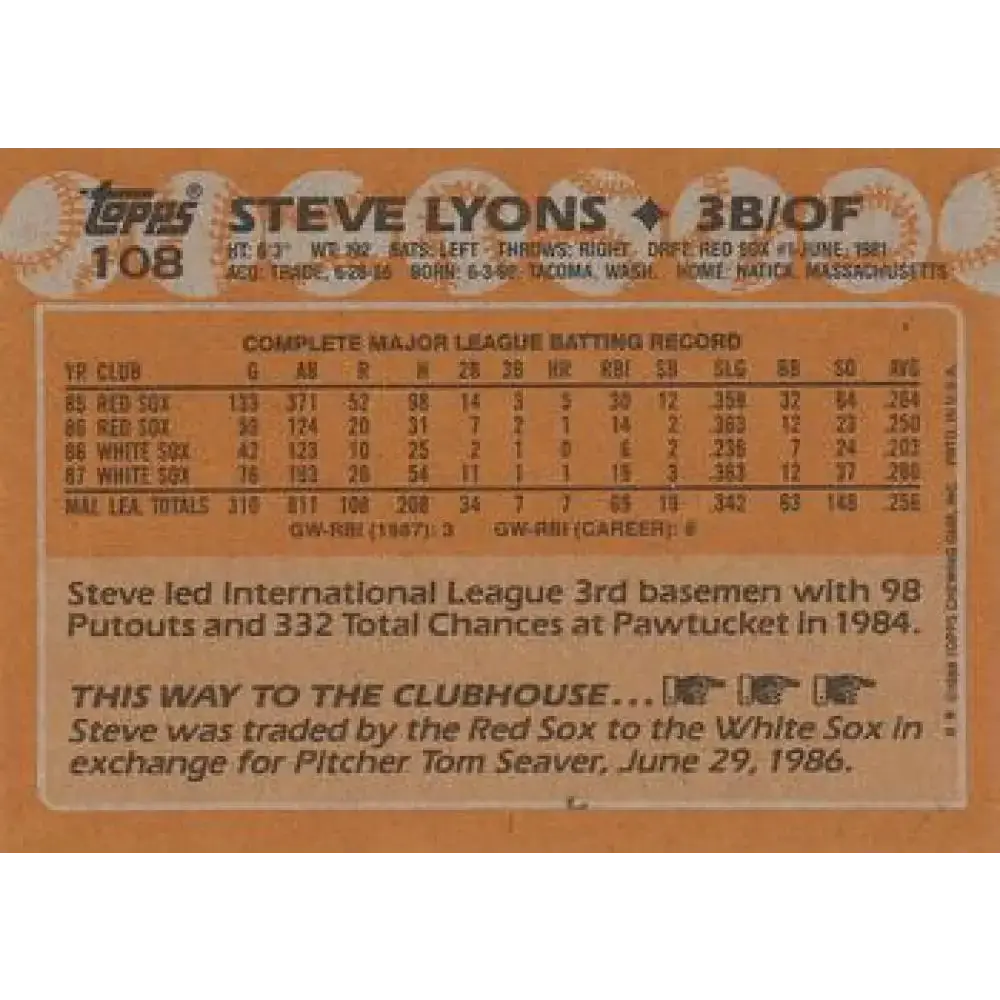 1988 Topps #108 Steve Lyons NM-MT Chicago White Sox Baseball Card - Baseball Card Single