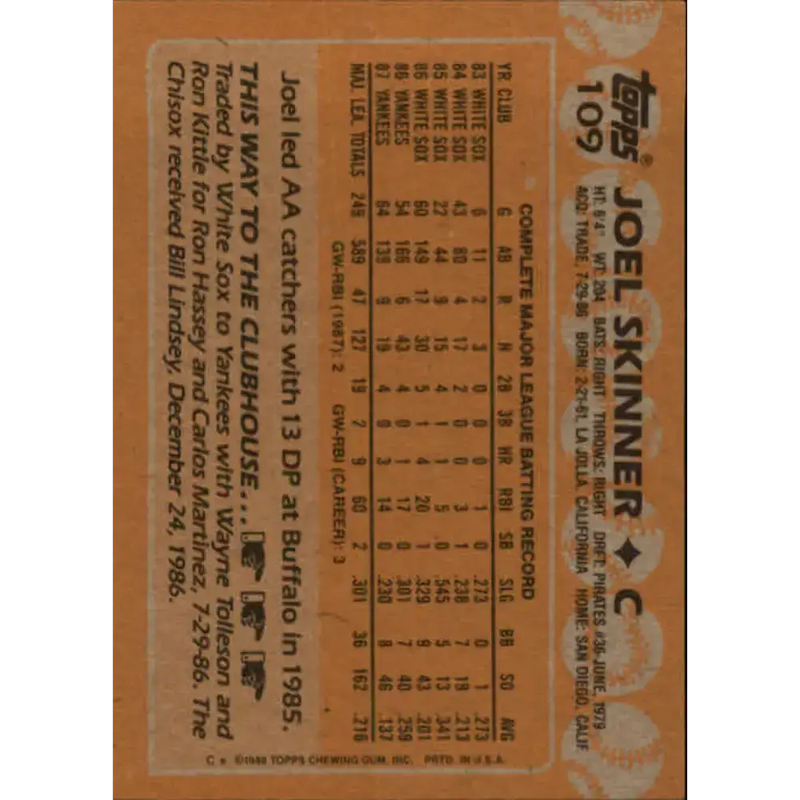 1988 Topps #109 Joel Skinner NM-MT New York Yankees Baseball Card - Baseball Card Single