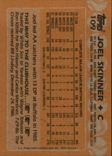 Vintage baseball card featuring Joel Skinner NM-MT from 1988 Topps #109 with original gloss