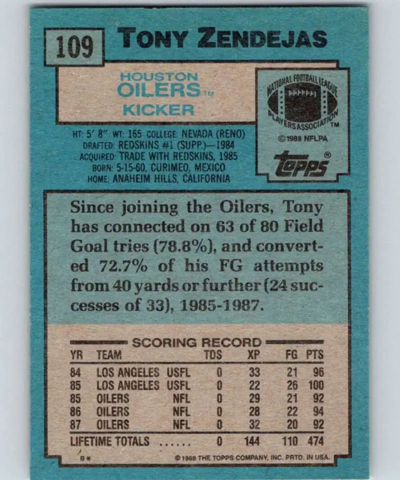 1988 Topps #109 Tony Zendejas EX Excellent RC Rookie Houston Oilers Football Card