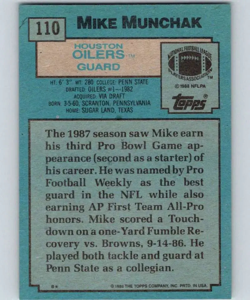 1988 Topps #110 Mike Munchak EX Excellent Houston Oilers Football Card - Football Card Single
