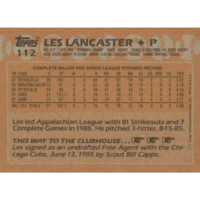 1988 Topps #112 Les Lancaster NM-MT RC Rookie Chicago Cubs Baseball Card - Baseball Card Single