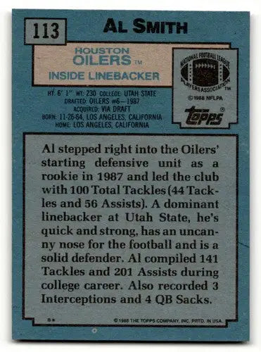 1988 Topps #113 Al Smith Houston Oilers Football Cards EX/NM ID:62462 - Football Cards
