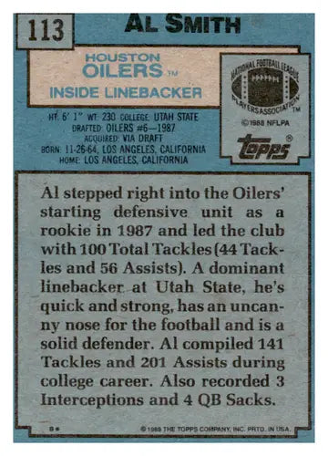 1988 Topps #113 Al Smith NM Near Mint RC Rookie Oilers - Trading Cards