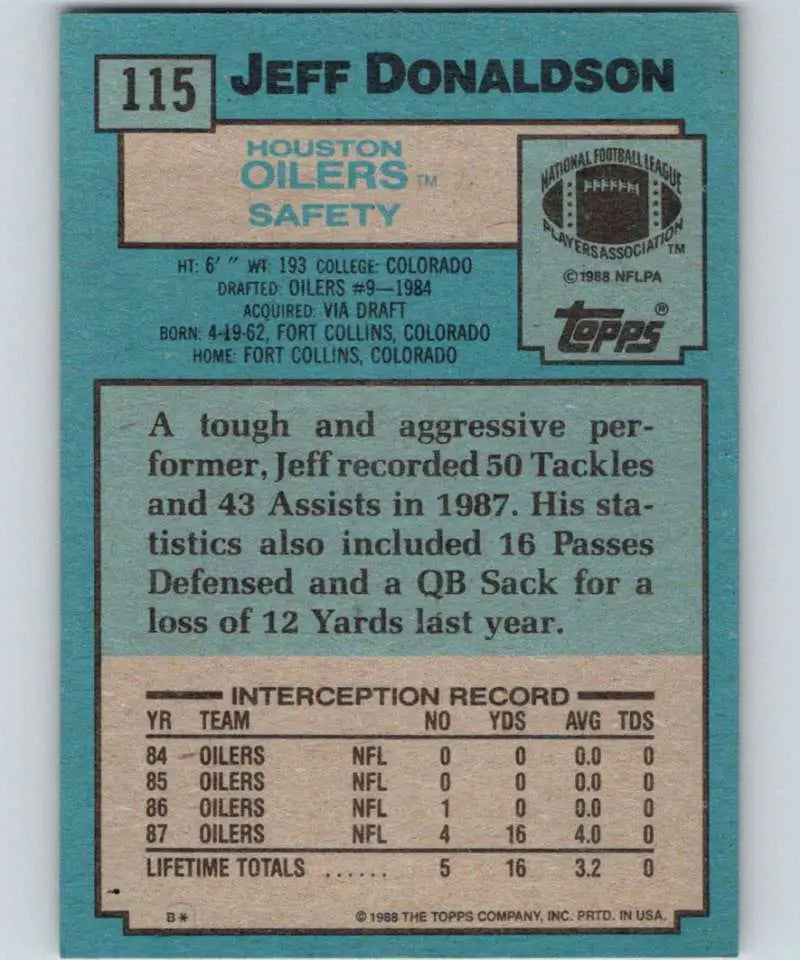 1988 Topps #115 Jeff Donaldson EX Excellent Houston Oilers Football Card - Football Card Single