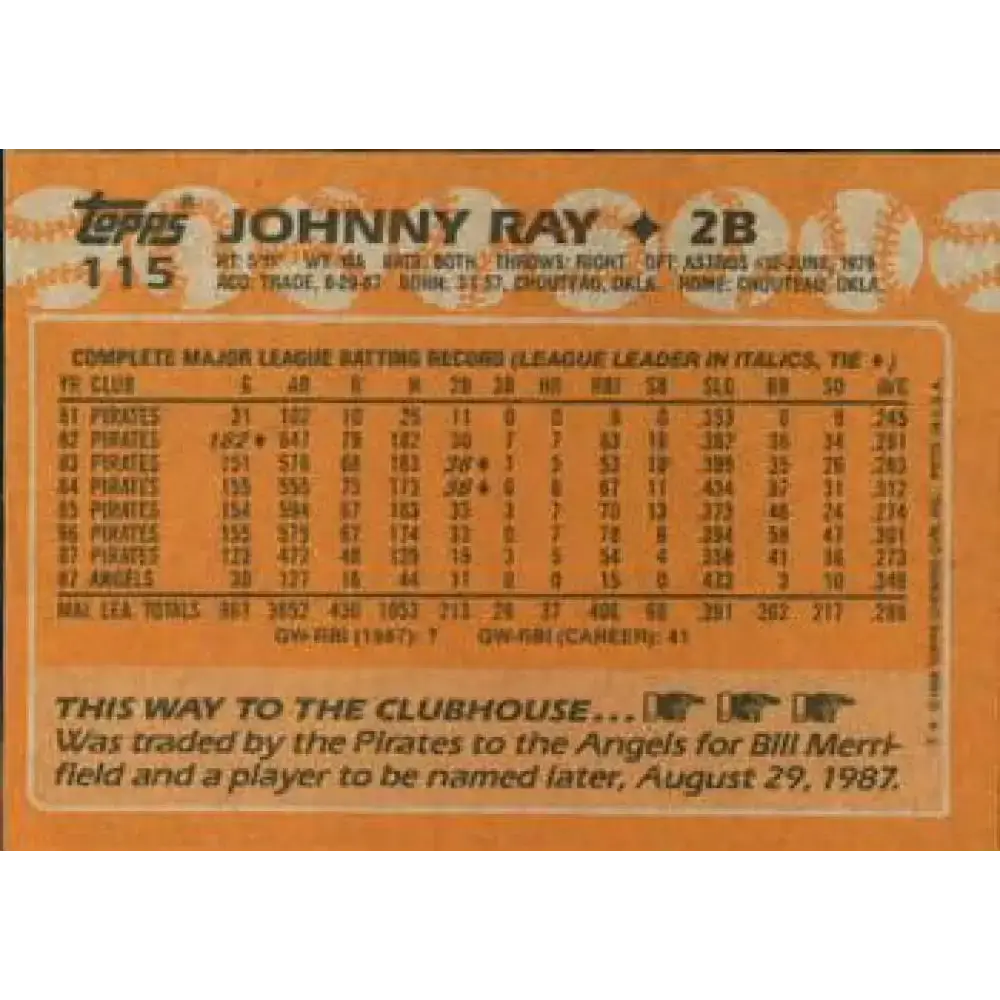 1988 Topps #115 Johnny Ray NM-MT California Angels Baseball Card - Baseball Card Single