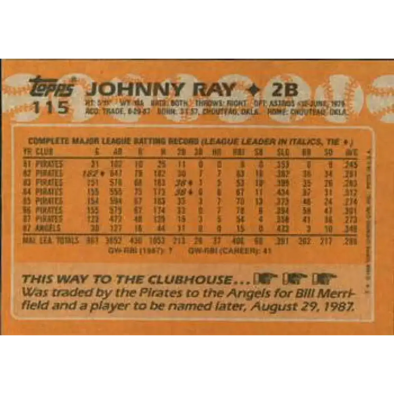 1988 Topps #115 Johnny Ray NM-MT California Angels Baseball Card - Baseball Card Single