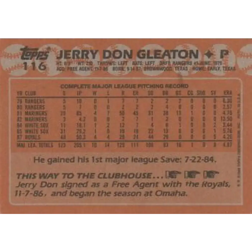 1988 Topps #116 Jerry Don Gleaton NM-MT Kansas City Royals Baseball Card - Baseball Card Single