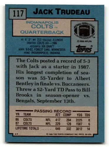 1988 Topps #117 Jack Trudeau Indianapolis Colts Football Cards EX/NM ID:62466 - Football Card Single