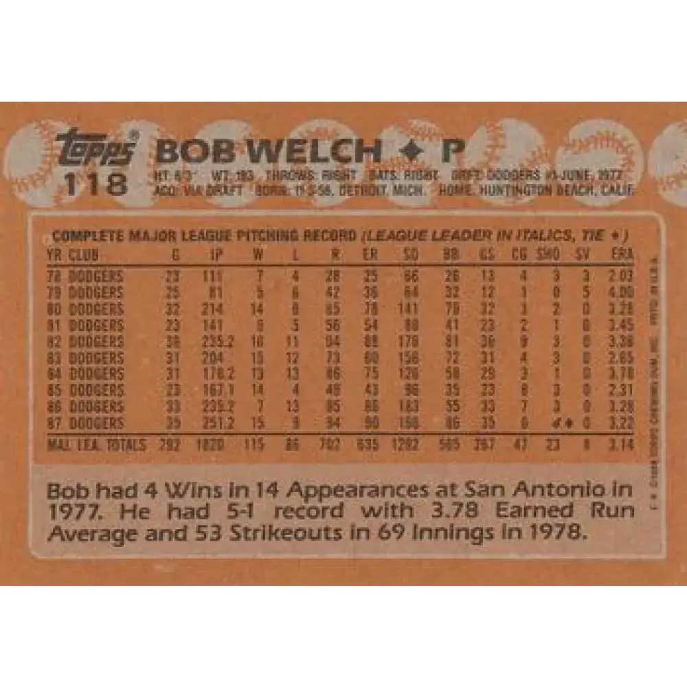 1988 Topps #118 Bob Welch NM-MT Los Angeles Dodgers Baseball Card - Baseball Card Single