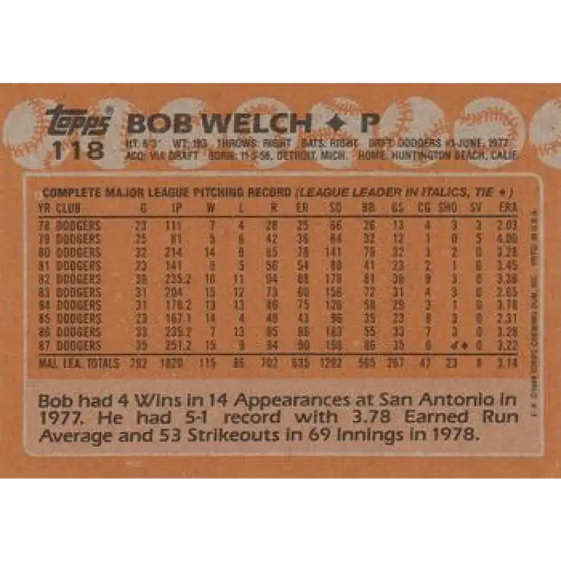 1988 Topps #118 Bob Welch NM-MT Los Angeles Dodgers Baseball Card - Baseball Card Single