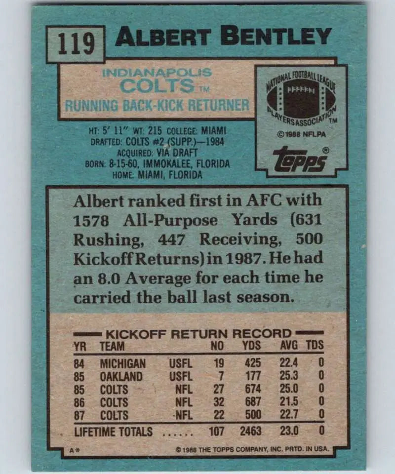 1988 Topps #119 Albert Bentley EX Excellent Indianapolis Colts Football Card - Football Card Single