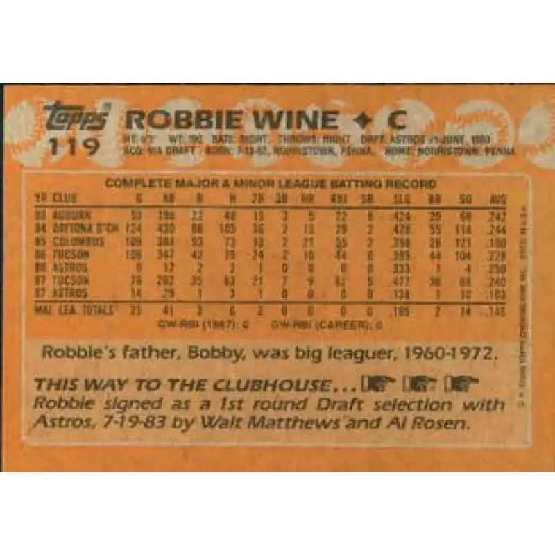 1988 Topps #119 Robbie Wine NM-MT Houston Astros Baseball Card - Baseball Card Single